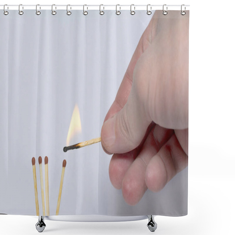 Personality  Hand With A Lit Match Ignites Matches. Concept: International Match Day, Teamwork, Team, Self-sacrifice, Symbol. Shower Curtains