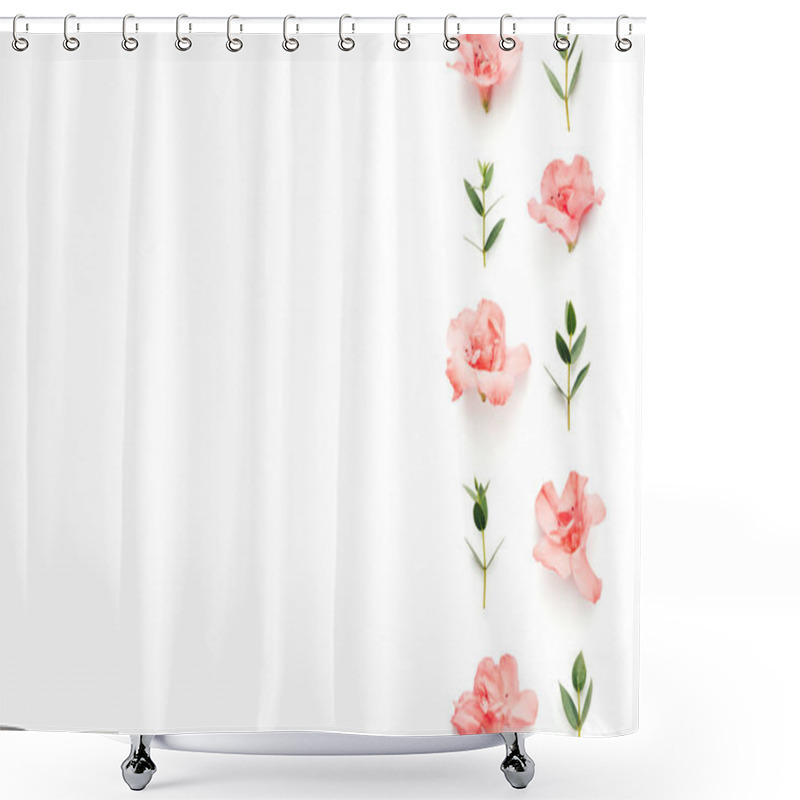 Personality  Border With Soft Pink Azalea Flowers And Green Leaves On White B Shower Curtains