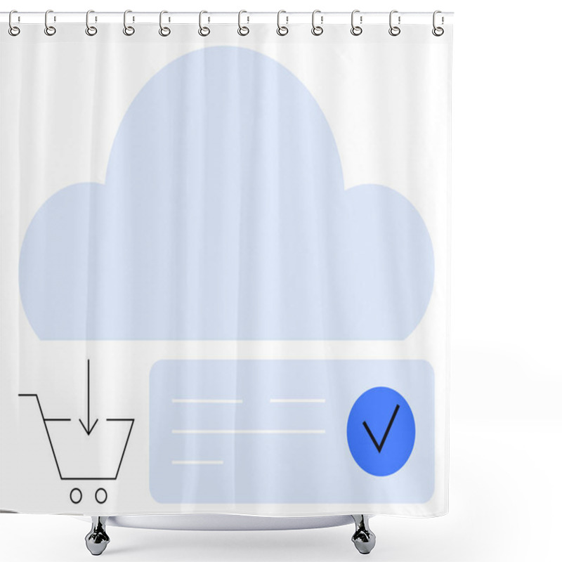 Personality  Large Blue Cloud Above Shopping Cart With Download Arrow, And Rectangular Card With Blue Checkmark. Ideal For Ecommerce, Cloud Storage, Data Transfer, Online Shopping, Digital Security, Technology Shower Curtains