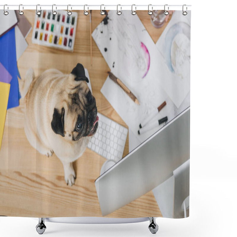 Personality  Cute Pug On Working Table With Fashion Illustrations And Computer Shower Curtains