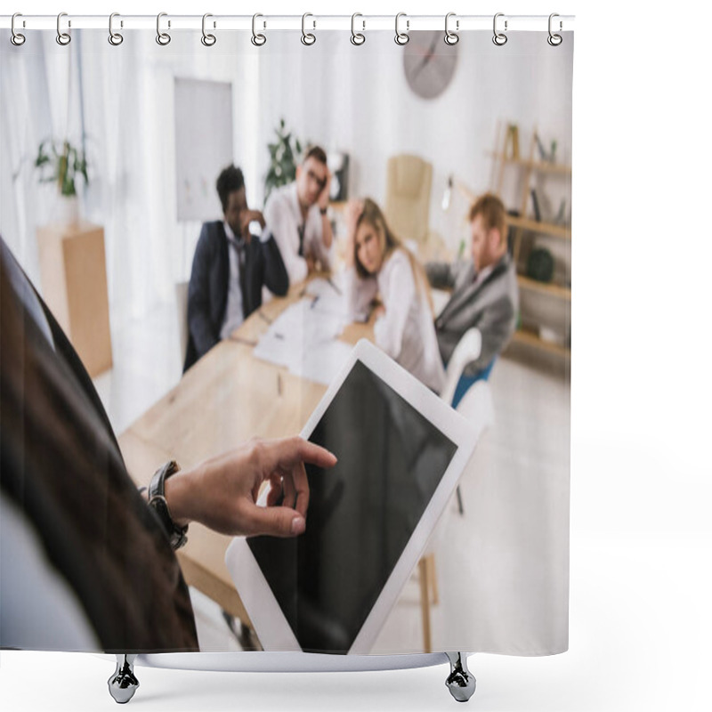 Personality  Close-up Shot Of Businesswoman Using Tablet With Blurred Colleagues Sitting On Background Shower Curtains