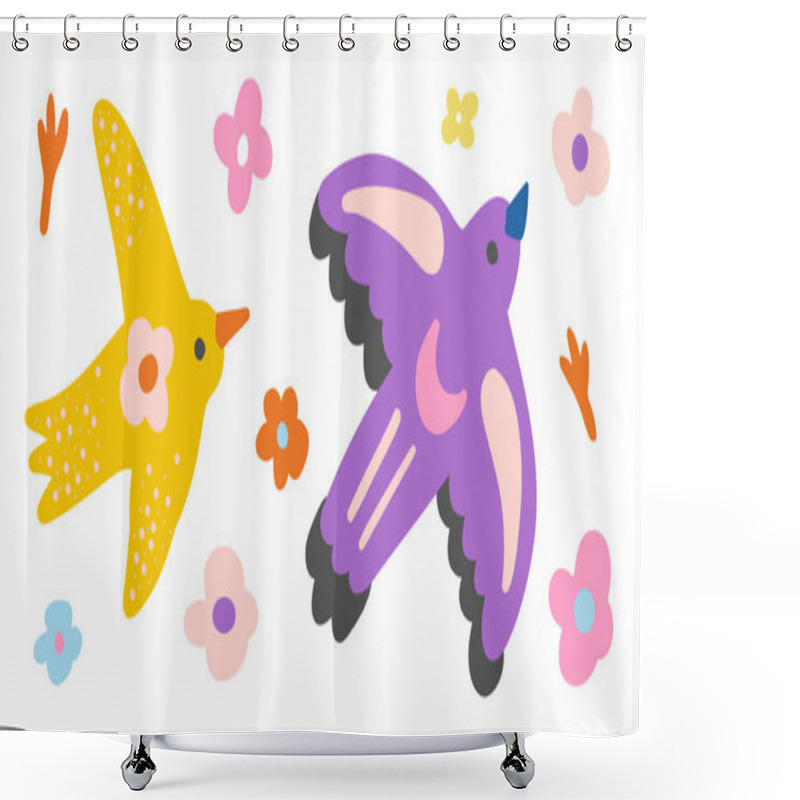 Personality  Colorful Birds And Floral Elements With Tropical Vibes. Perfect For Nature-inspired, Cheerful, And Decorative Wildlife Or Botanical-themed Illustrations. Shower Curtains