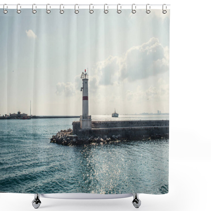 Personality  Lighthouse On Pier With Sea And Sky At Background In Istanbul, Turkey  Shower Curtains