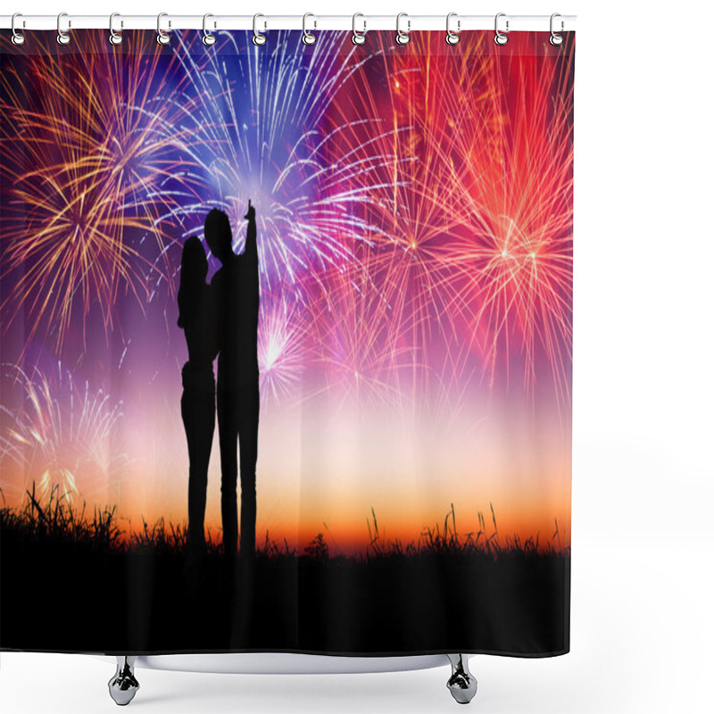 Personality  Young Couple Standing On The Hill And Watching The Fireworks Shower Curtains