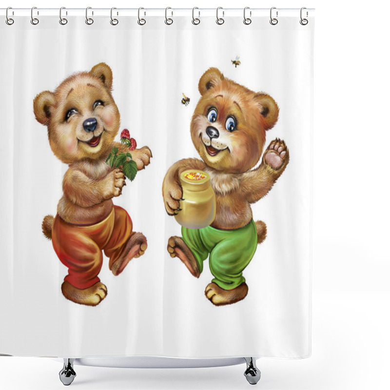 Personality  Set Of Funny Bear Cubs With Raspberries And Honey Dancing, Fairy Animals, Isolated Characters On White Background Shower Curtains