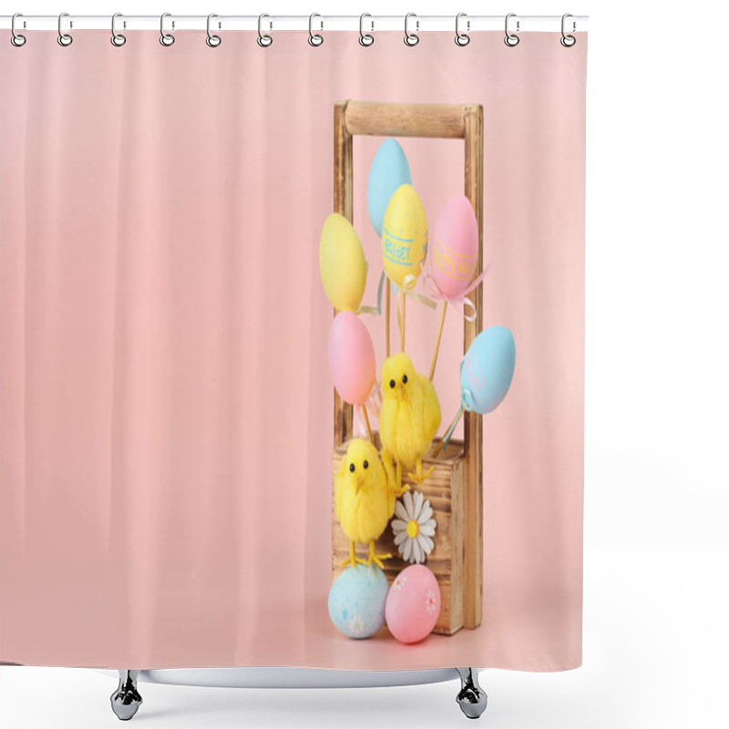 Personality  Colorful Easter Eggs On Sticks And Two Cute Chickens In A Wooden Flowers Basket Against Pink Background. Happy Easter Greeting Card With Space For Text And Design Shower Curtains