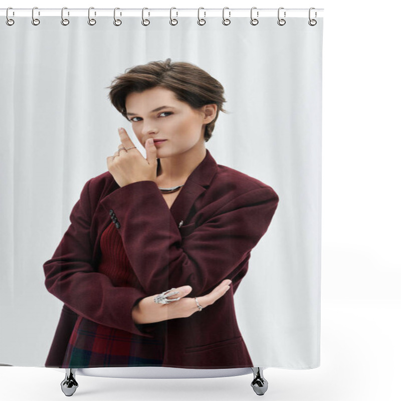 Personality  A Stylish Woman Showcases Cozy Winter Elegance, Exuding Confidence In Her Fashionable Ensemble. Shower Curtains