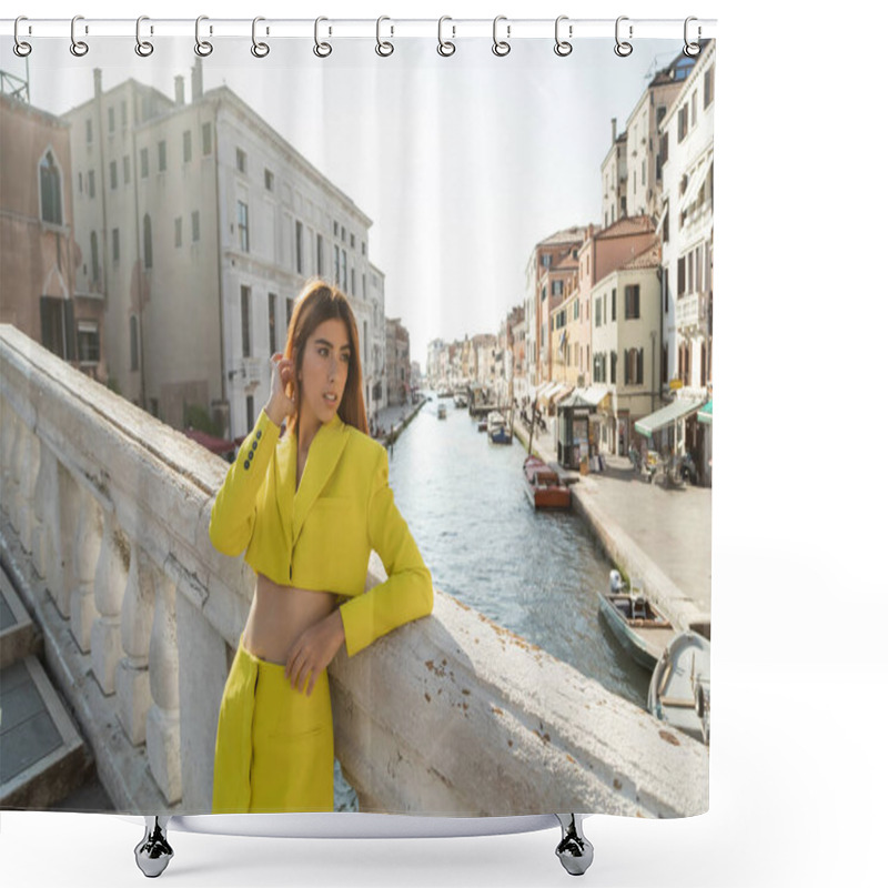 Personality  Young Woman In Yellow Trendy Clothes Fixing Red Hair On Bridge Over Grand Canal In Venice Shower Curtains