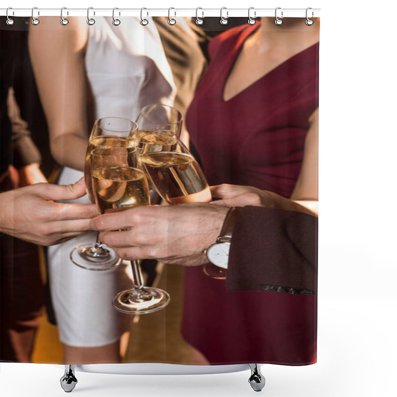 Personality  Cropped Shot Of Friends Clinking Champagne Glasses During Holiday Party Shower Curtains