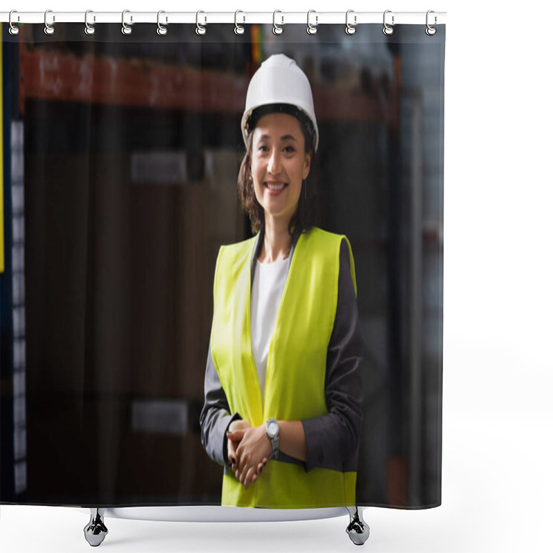 Personality  Cheerful Professional Woman In Safety Vest And Hard Hat Standing With Hands In Pockets In Warehouse Shower Curtains