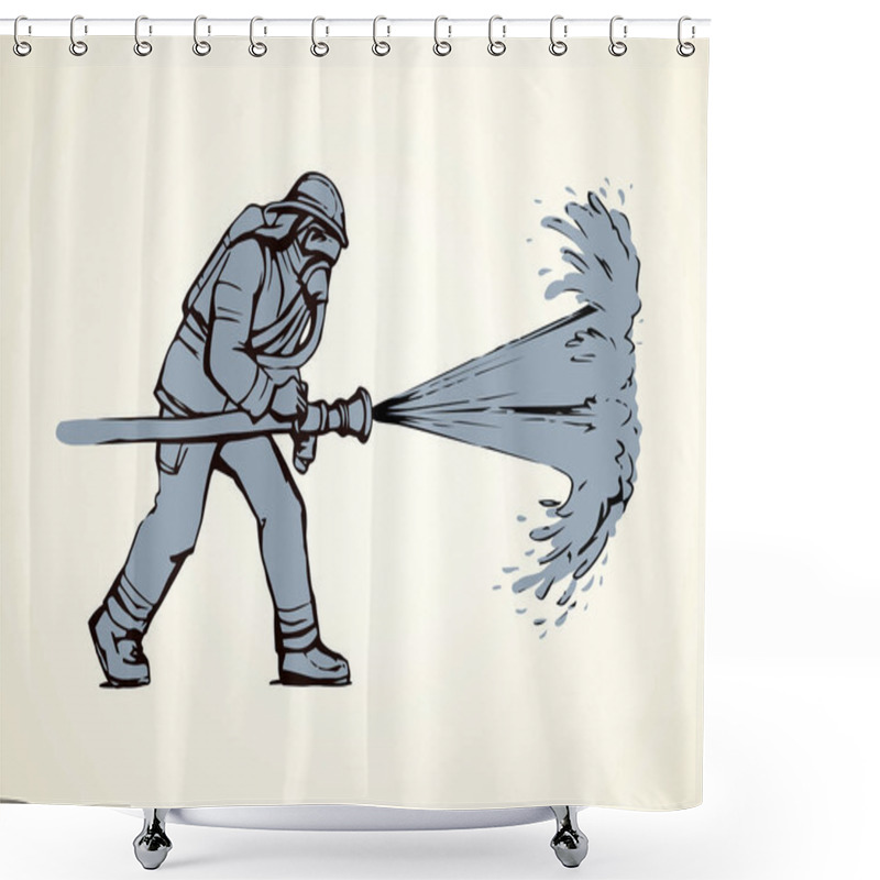 Personality  911 Save Lifeguard Worker Hold Pipe On White Backdrop. Freehand Line Black Ink Hand Drawn Fireproof Wear, Outfit Hat Emblem Logo Sketchy In Retro Art Doodle Cartoon Style Pen On Paper Space For Text Shower Curtains