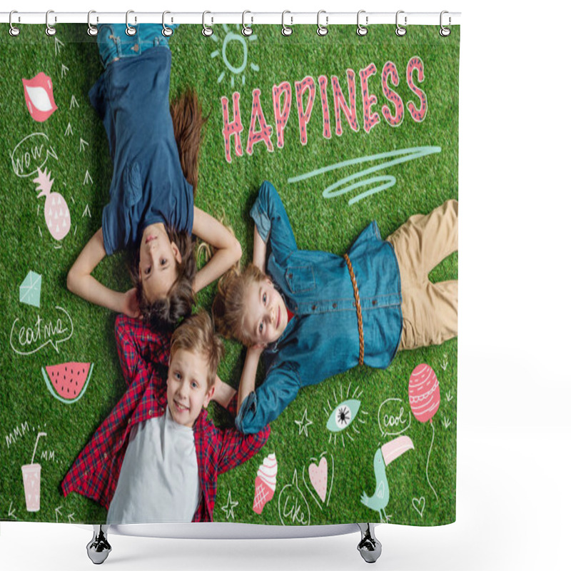 Personality  Happy Three Friends Lying On Grass Shower Curtains