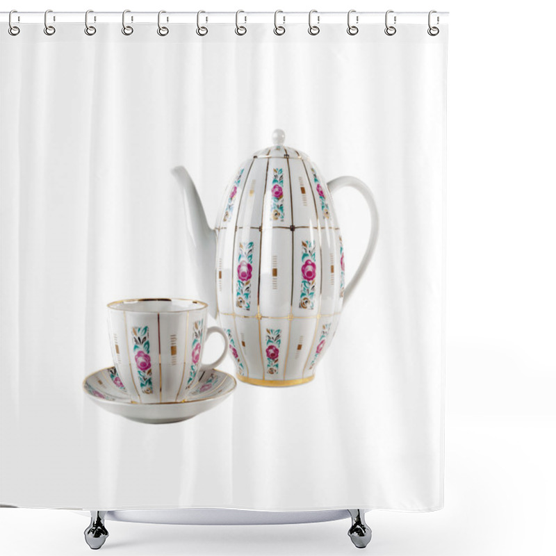 Personality  Porcelain Teapot, Teacup And Saucer With Floral Roses Ornament In Retro Style Isolated Over White Shower Curtains