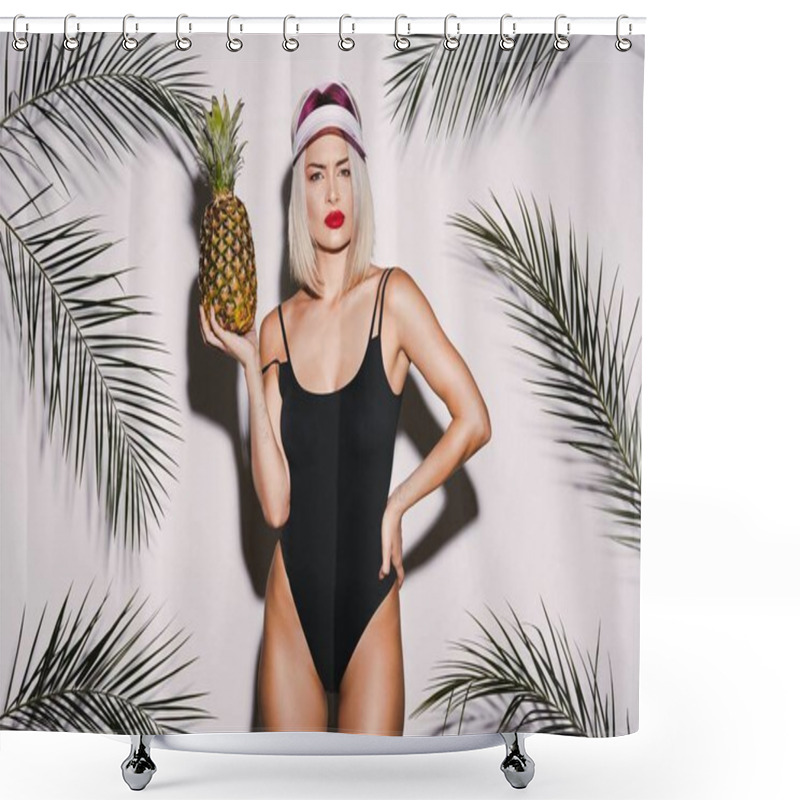 Personality  Pretty Girl With Blonde Hair Wearing Black Swimming Suit And Pink Cap Standing With Pineapple On White Studio Background Shower Curtains