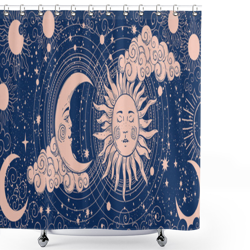 Personality  Magic Banner For Astrology, Divination, Magic. The Device Of The Universe, Crescent Moon And Sun With Moon On A Blue Background. Esoteric Vector Illustration, Pattern. Shower Curtains