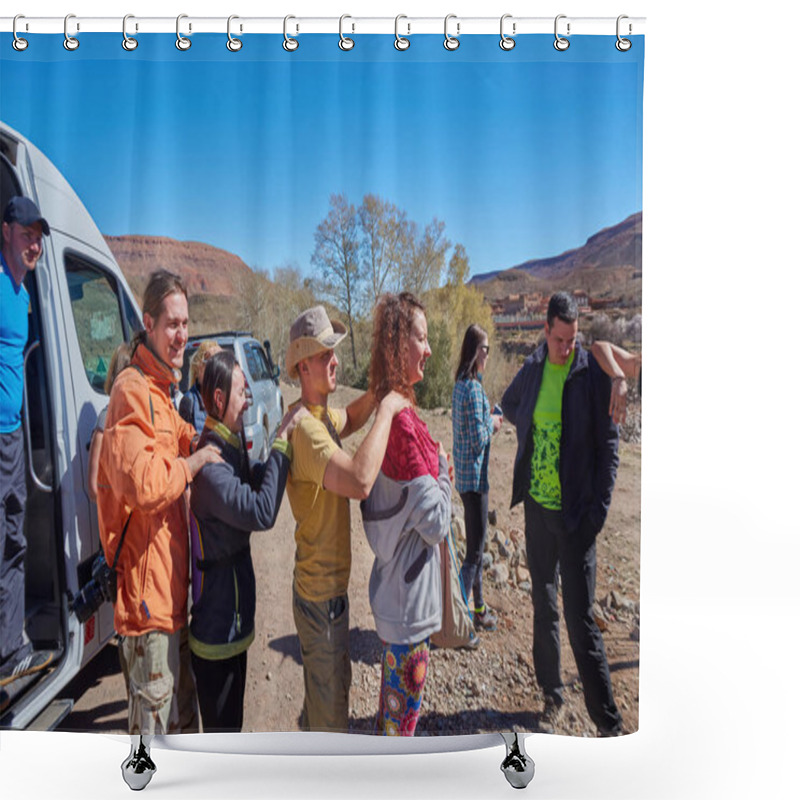 Personality  A Group Of Tourists Are Photographed In A Valley Near Marrakech, Against The Backdrop Of The Atlas Mountains, Morocco Shower Curtains