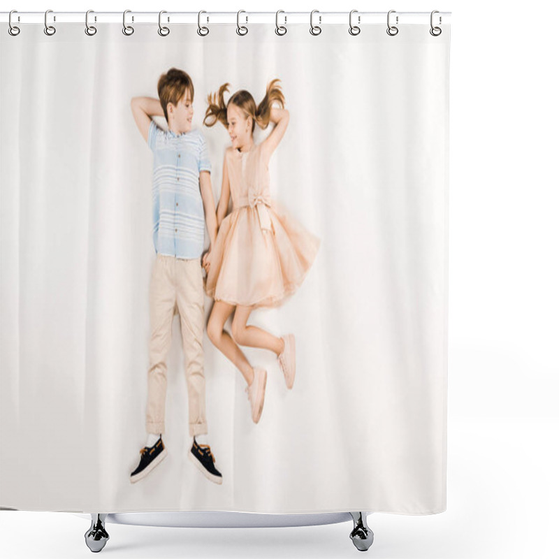 Personality  Top View Of Cheerful Kids Looking At Each Other On White  Shower Curtains