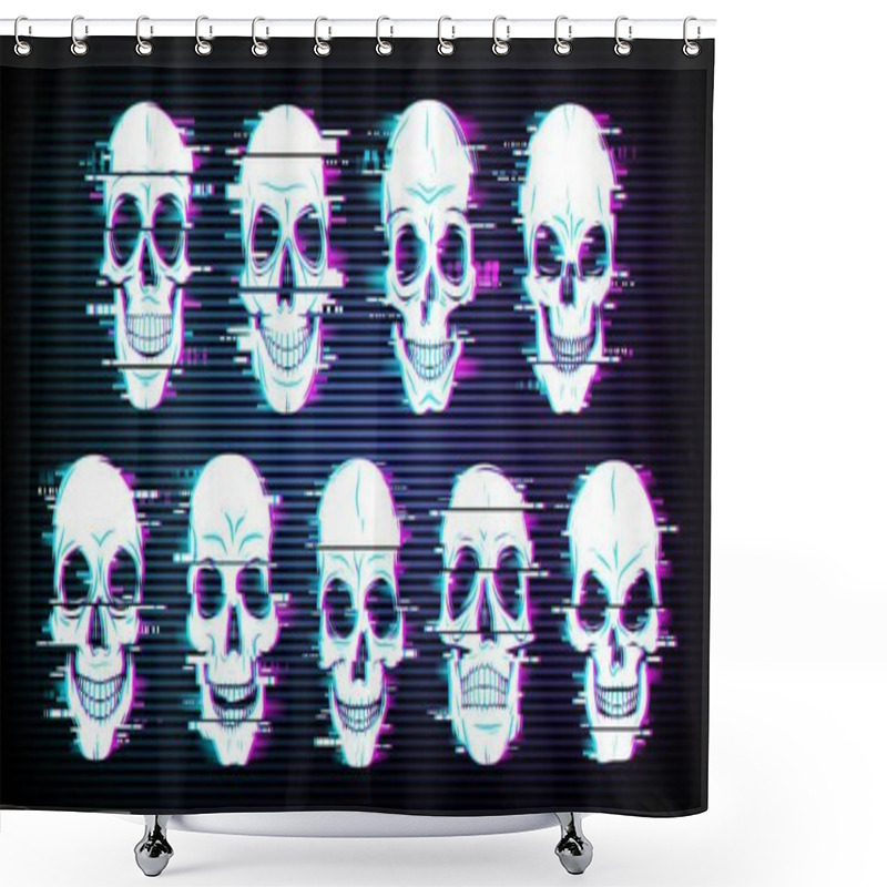 Personality  Glitch Skulls Vector Distorted Neon Glowing Pixelized Craniums Or Jolly Roger. Trippy Digital Art, Horror, Dead Heads On Black Background. Television Messy Distortion Or Vhs Tape Glitch Effect Shower Curtains