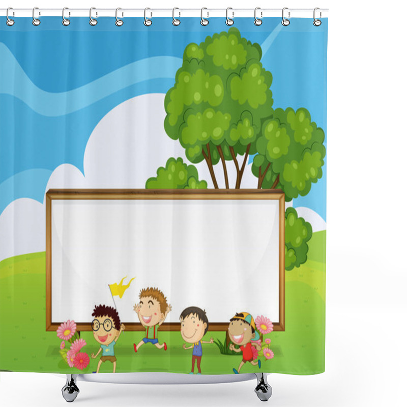 Personality  Kids Playing In Front Of The Big Empty Signboard Shower Curtains