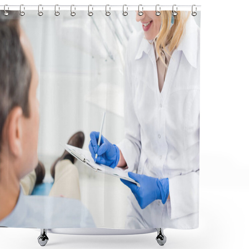 Personality  Female Doctor Recording Diagnosis While Consulting With Patient In Modern Dental Clinic Shower Curtains