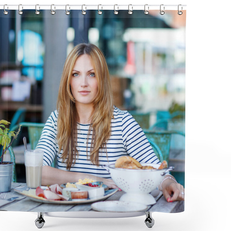 Personality  Young Woman Having Healthy Breakfast In Outdoor Cafe Shower Curtains