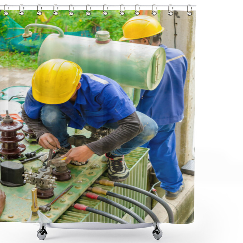 Personality  Electricians Are Examine Power Electrical Transformers. Shower Curtains