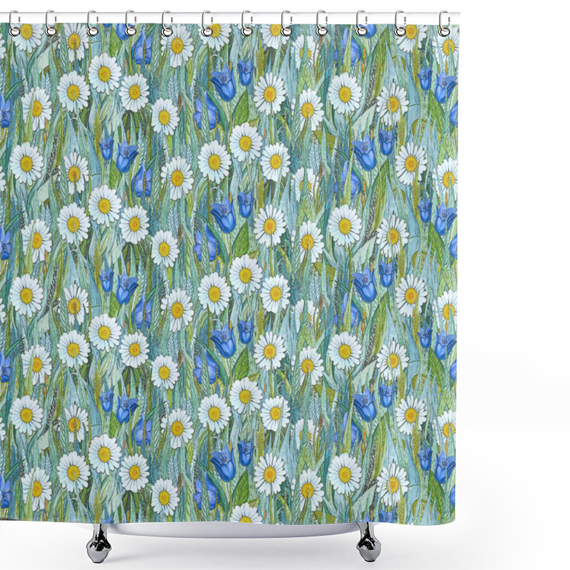 Personality  Seamless Summer Pattern Of Chamomiles,  Bluebells On The Grass.  Shower Curtains