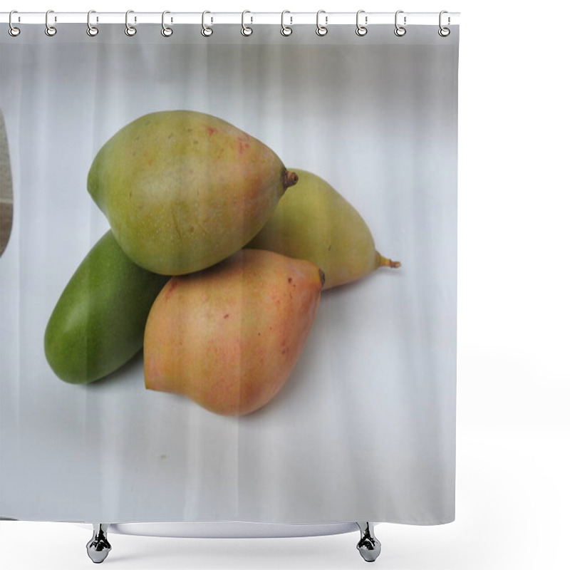 Personality  Closeup Of Single And Group Of Totapuri Raw Mango Fruit Isolated On White Background Shower Curtains