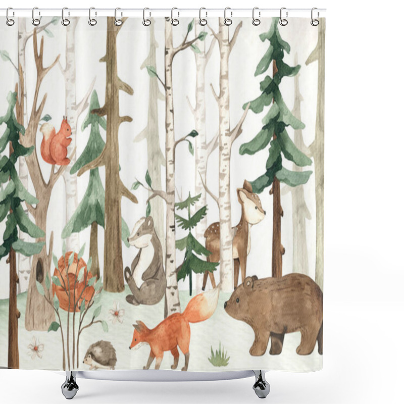 Personality  Cute Forest Animals, Green Plants, Trees, Grass For Baby Cards, Invitations, Baby Showers, Baby Wallpaper Watercolor Composition  Shower Curtains