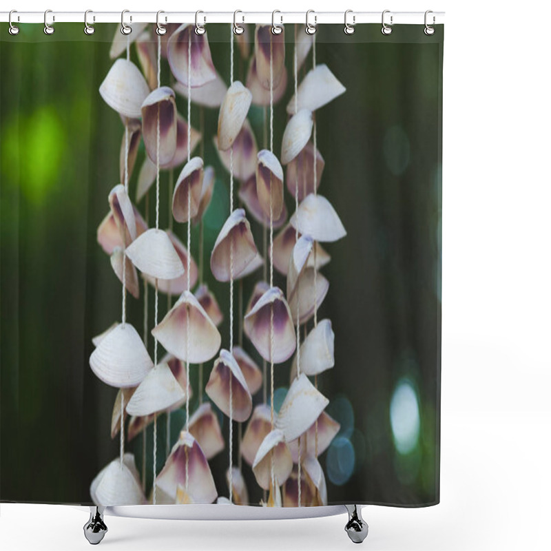 Personality  Close-up Shot Of Beautiful Seashells Hanging On Threads On Dark Background Shower Curtains