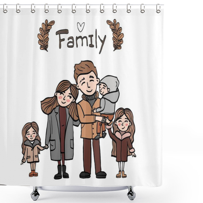 Personality  Vector Cartoon Illustration Of Family, Family Look, Happy Family With Children, Dad, Mom, Son, Daughters Shower Curtains