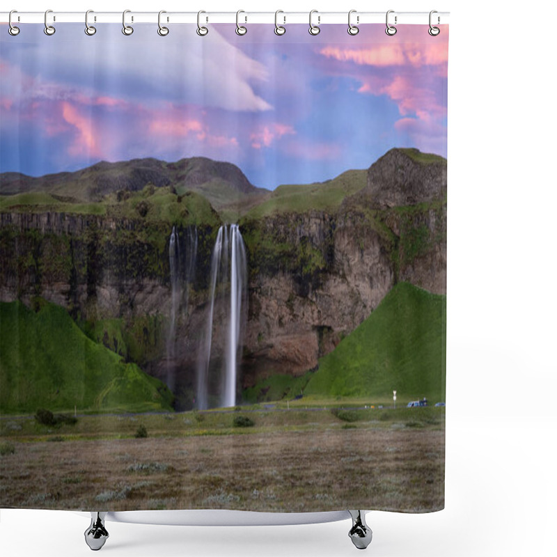 Personality  Aerial View Of Serene Seljalandsfoss Waterfall Cascades Over Lush Greenery, Surrounded By Dramatic Cliffs Under A Breathtakingly Vibrant Sunset Sky In Area Of Golden Circle In Iceland Shower Curtains