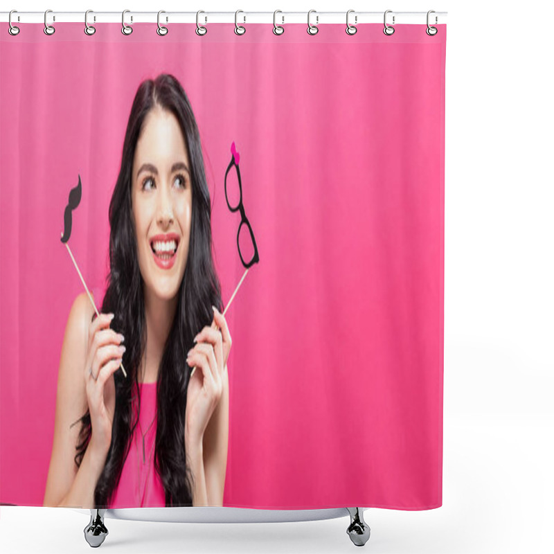 Personality  Young Woman Holding Paper Party Sticks  Shower Curtains