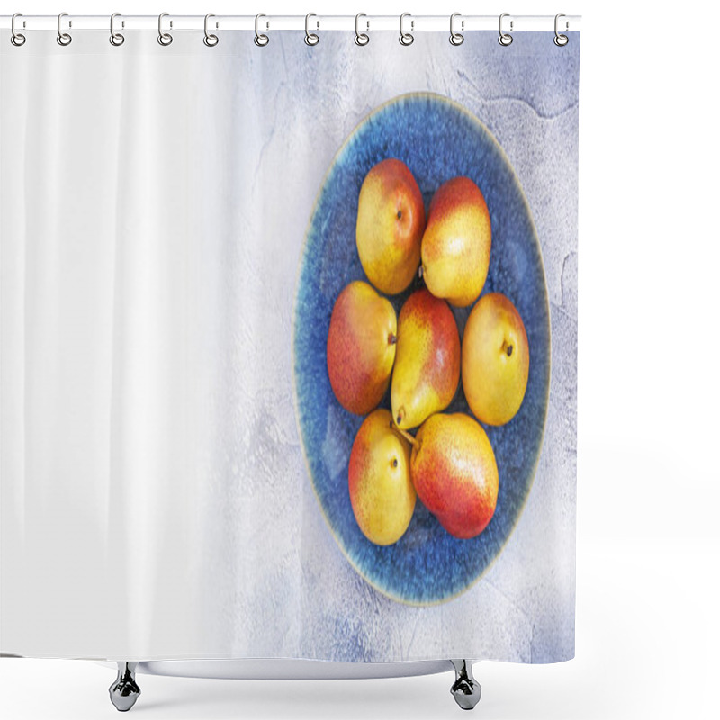 Personality  Sweet Pears On Textural, Beautiful Plate On Blue Background With Copy Space Shower Curtains