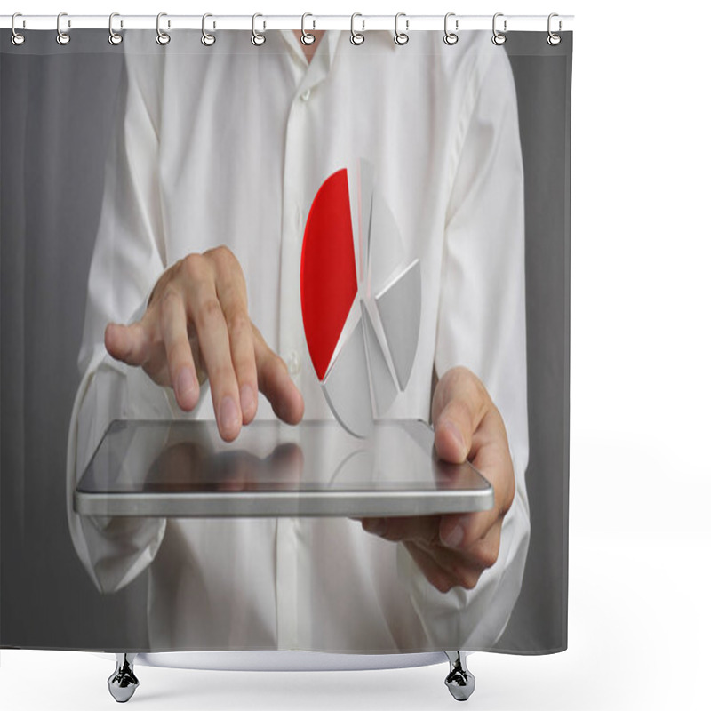 Personality  Man In White Shirt Working With Pie Chart On A Tablet Computer, Application For Budget Planning Or Financial Statistics. Shower Curtains