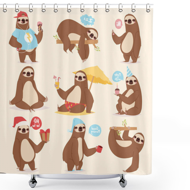 Personality  Laziness Lazy-bones Sluggard Animal Character Different Pose Like Human Cute Lazy Cartoon Jungle Mammal Vector Illustration. Shower Curtains