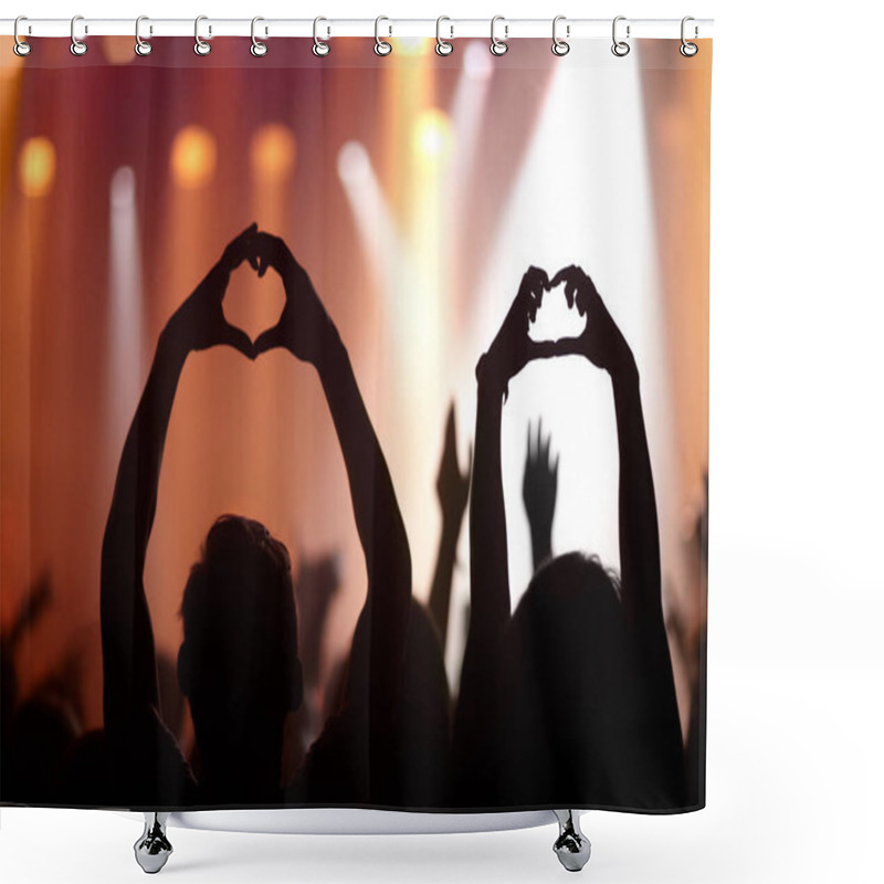 Personality  Music Lovers. Rearview Of Audience Members At A Music Concert Holding Up Their Hands In A Heart Symbol Shower Curtains