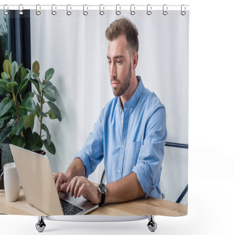 Personality  Businessman With Laptop In Office Shower Curtains