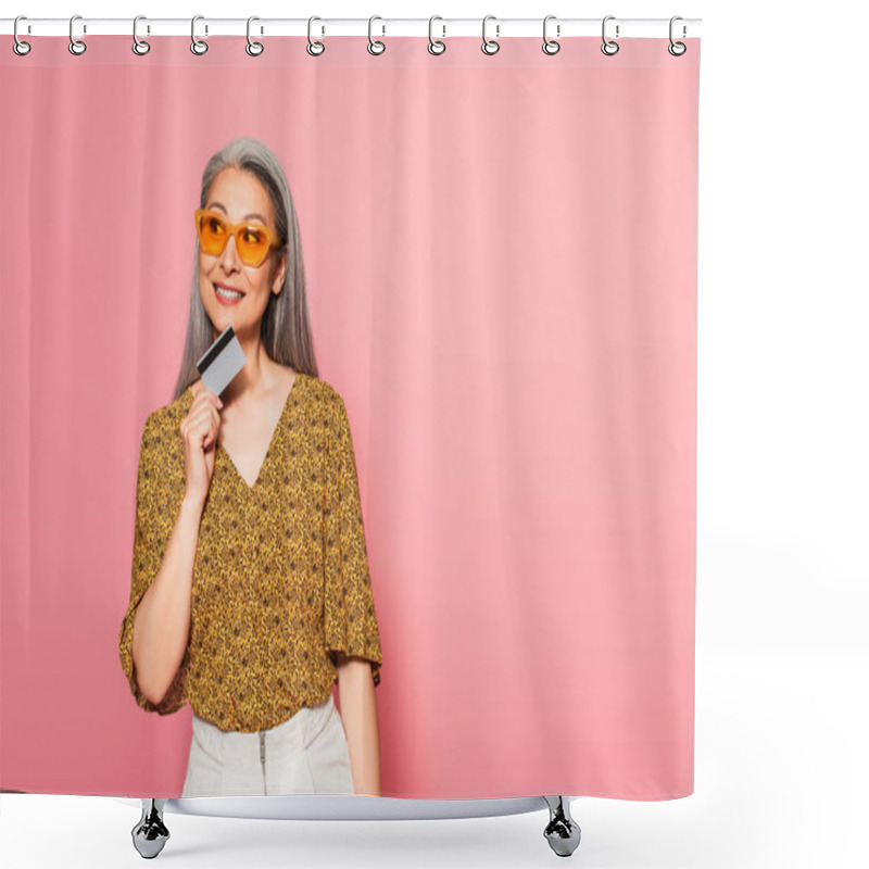 Personality  Dreamy And Smiling Asian Woman With Credit Card Looking Away Isolated On Pink Shower Curtains