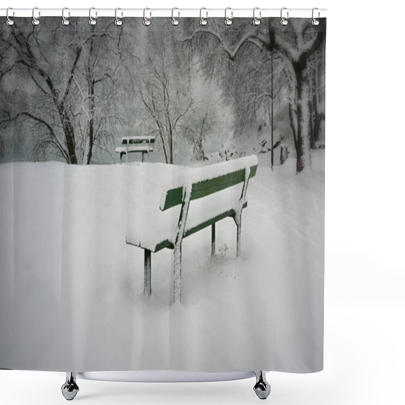 Personality  Winter Bench Covered With Snow  In The Park. Shower Curtains