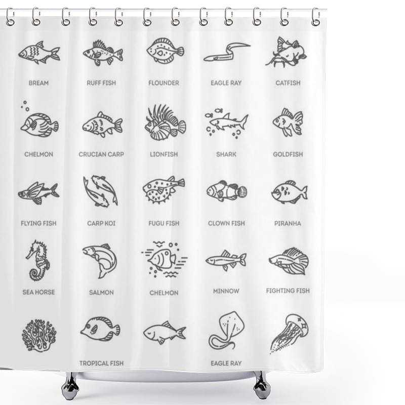 Personality  Set Of Vector Outline Fish Icons. Vector Collection Shower Curtains