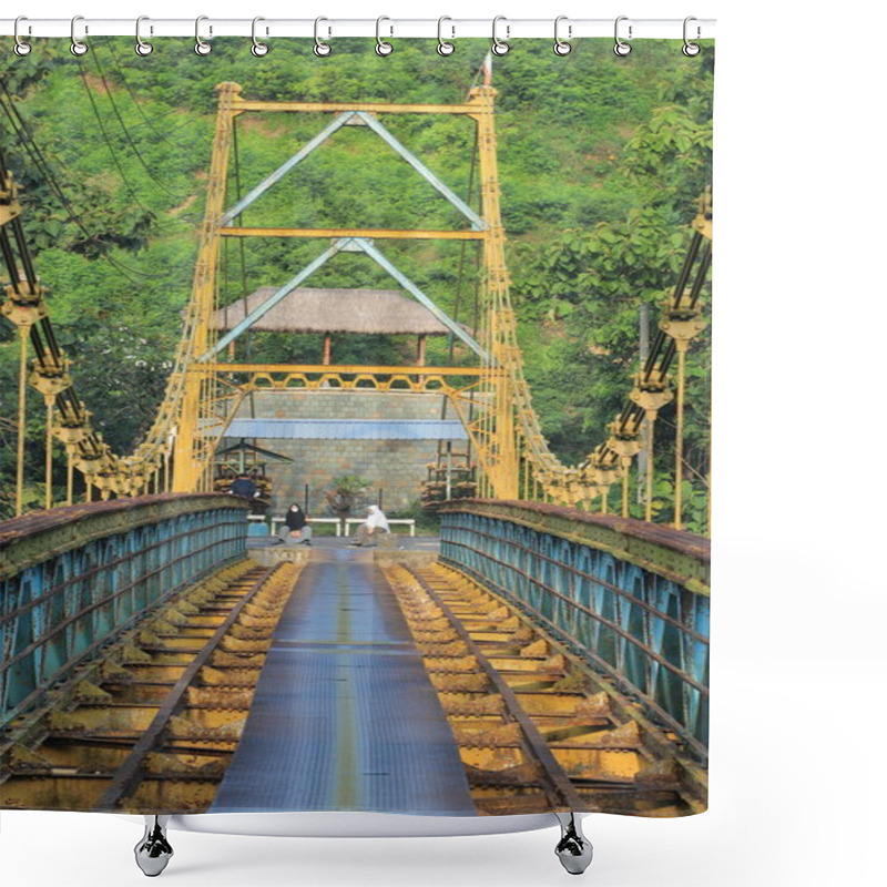 Personality  Exploring An Old Suspension Bridge: Crossing Over Lush Green Valley With Metal Structure And Rusty Beams. Shower Curtains