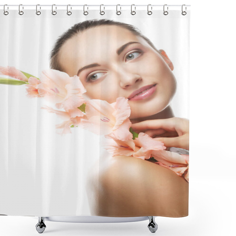 Personality  Woman With Gladiolus Flowers In Her Hands Shower Curtains