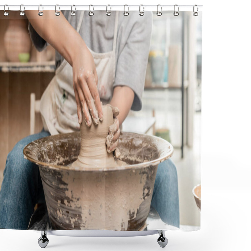 Personality  Cropped View Of Blurred Young Female Artisan In Apron Molding Clay On Pottery Wheel While Working In Ceramic Art Workshop At Background, Clay Sculpting Process Concept Shower Curtains