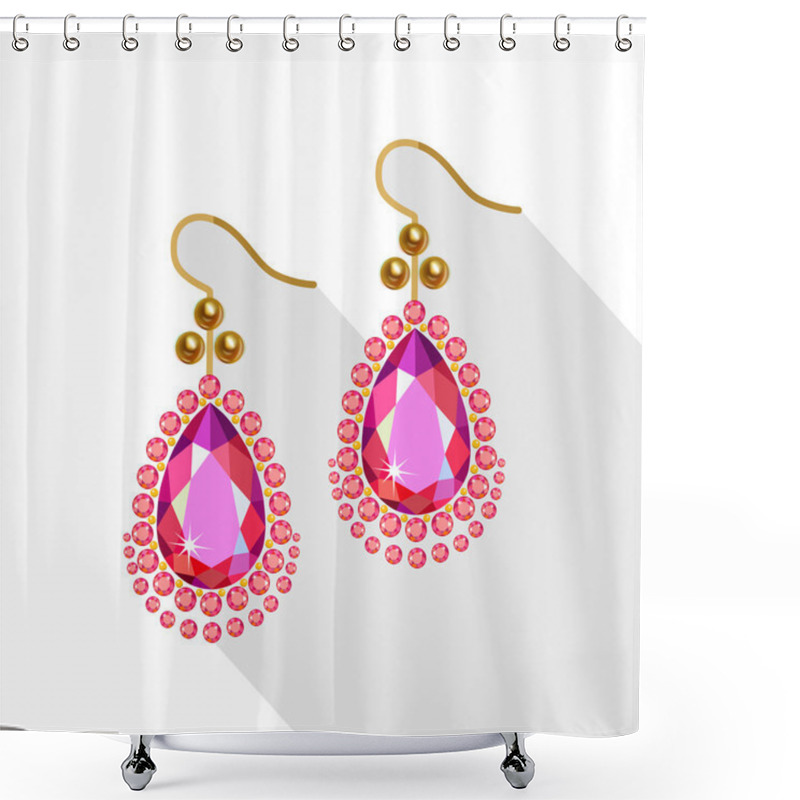 Personality  Earrings Set (gold Pearls, Diamonds And Ruby) Isolated On White  Shower Curtains