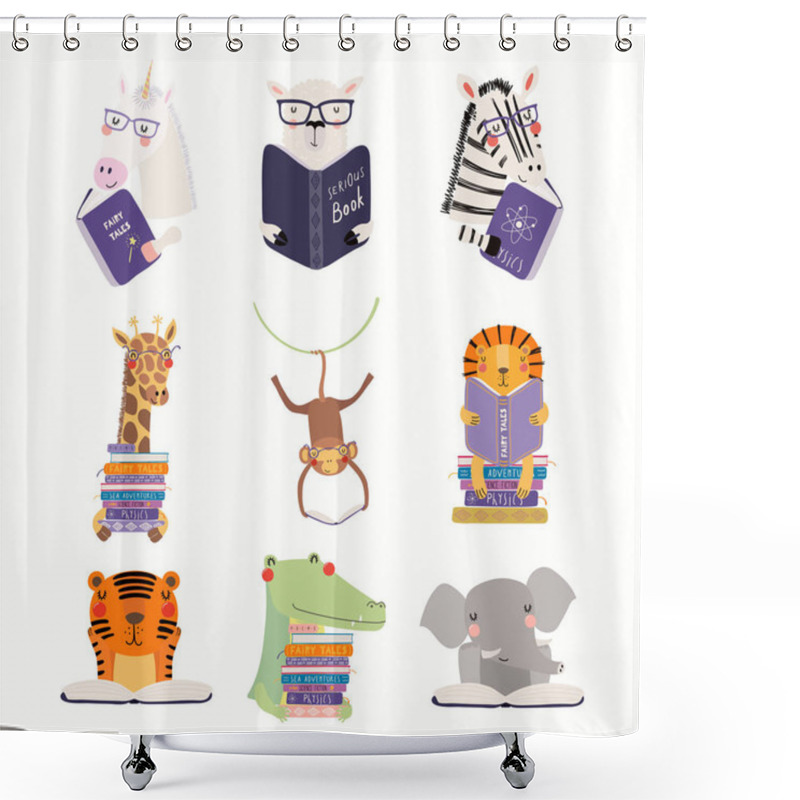 Personality  Big Set With Cute Animals Reading Books Isolated On White Background. Scandinavian Style Flat Design. Concept For Kids Print Shower Curtains