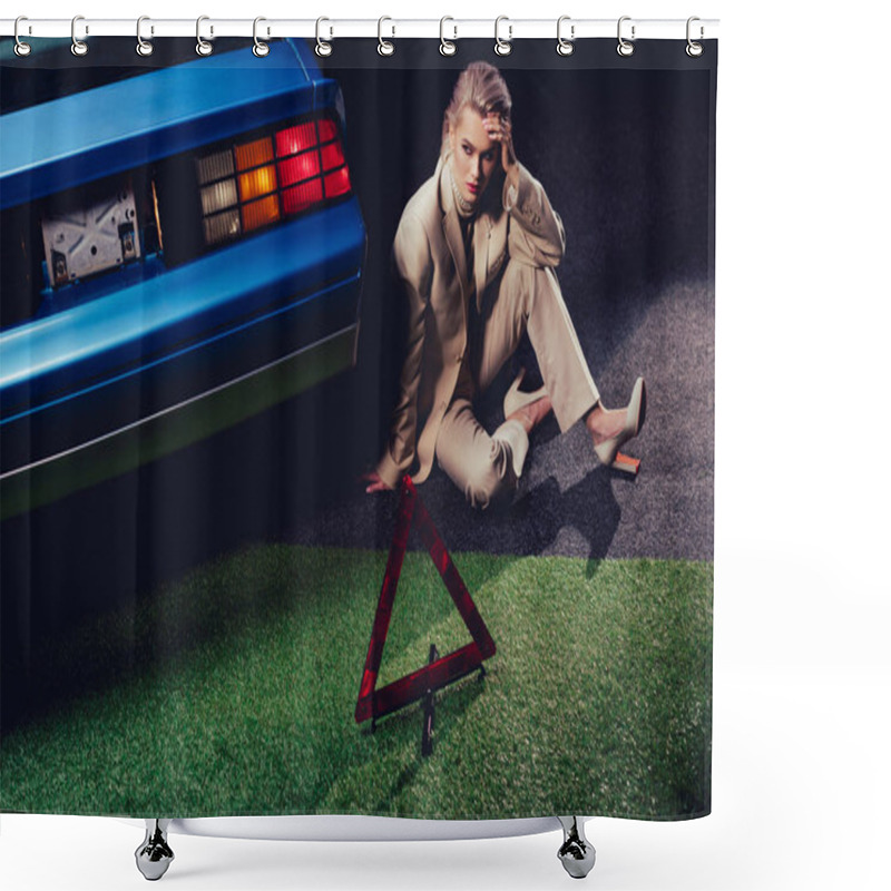 Personality  Attractive And Stylish Woman In Suit Sitting Near Retro Car  Shower Curtains