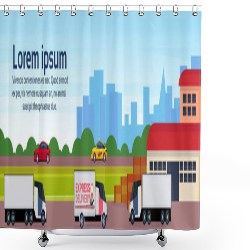 Personality  Warehouse Cargo Minivan Logistics Loading Delivery Transportation Concept International Shipping Cityscape Flat Horizontal Banner Copy Space Vector Illustration Shower Curtains