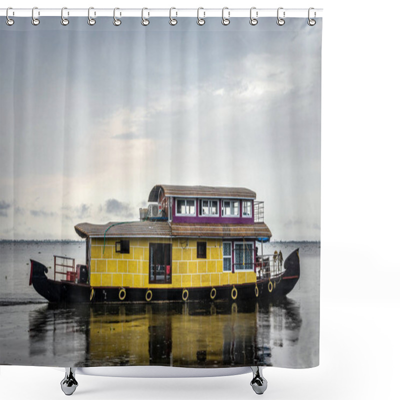 Personality  Houseboat Yellow Image With Blue Sky And Cloud Shower Curtains