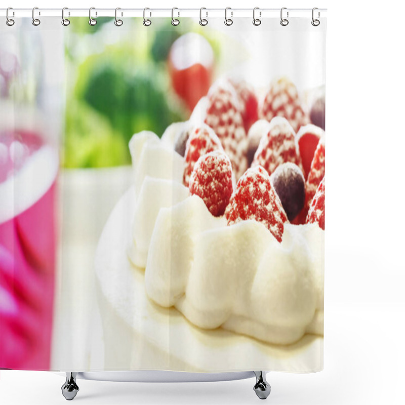 Personality  Strawberries And Blueberries Cream Cake And Salad And Champagne Isolated On White Background.Close Up Shower Curtains